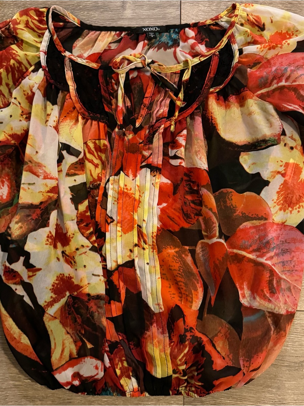 XOXO Women's Floral Pintuck Blouse in Orange, Yellow and Black
